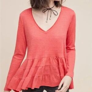 Anthropologie Deletta Pink/Coral Long Sleeve Ruffle Top